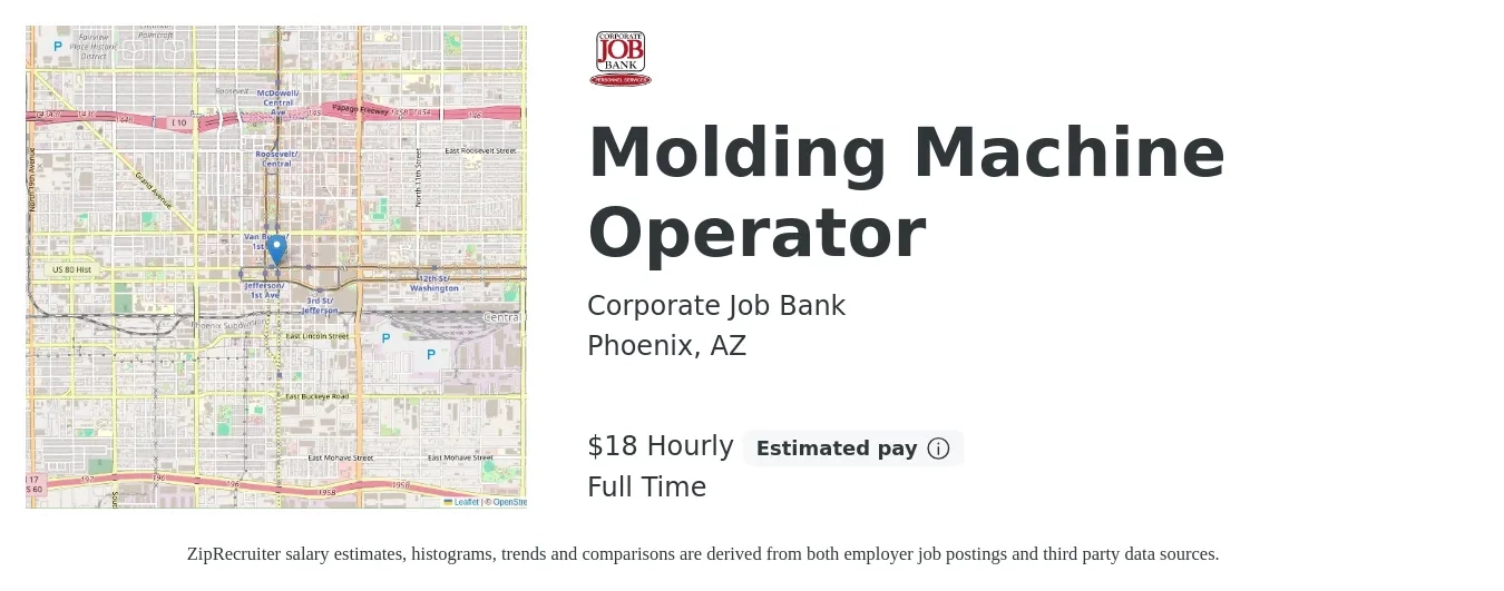 Corporate Job Bank job posting for a Molding Machine Operator in Phoenix, AZ with a salary of $19 Hourly with a map of Phoenix location.