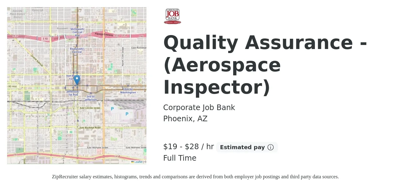 Corporate Job Bank job posting for a Quality Assurance - (Aerospace Inspector) in Phoenix, AZ with a salary of $20 to $30 Hourly with a map of Phoenix location.