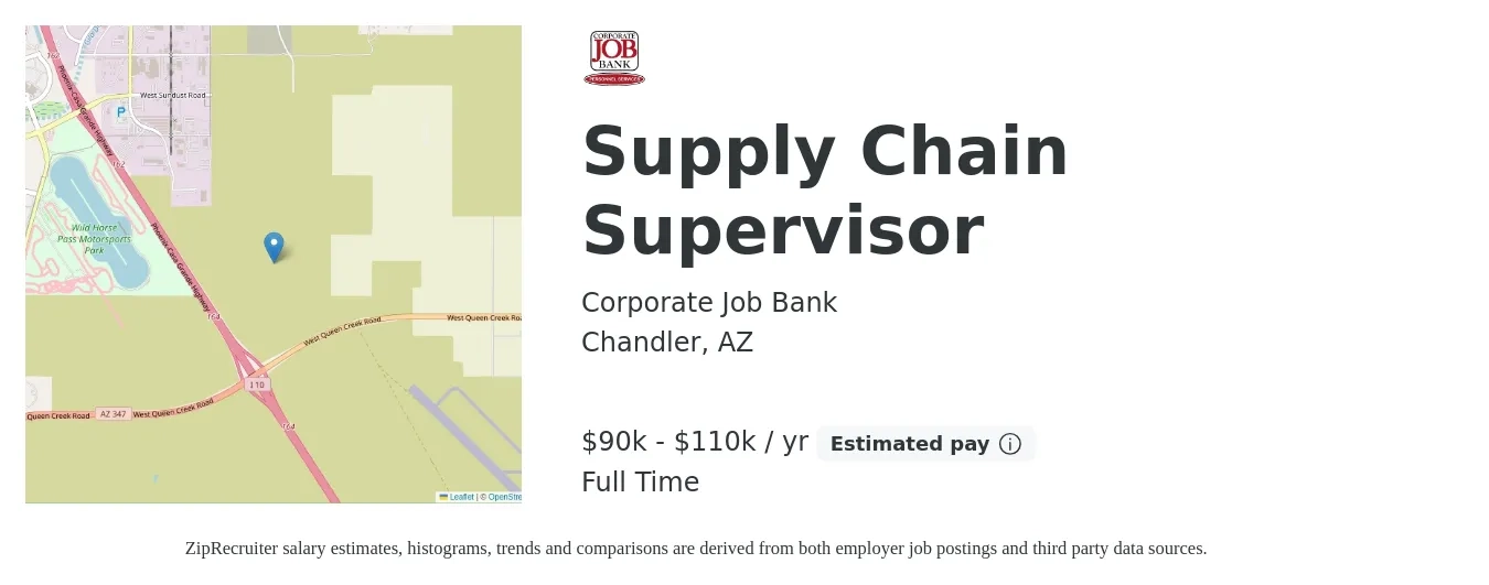 Corporate Job Bank job posting for a Supply Chain Supervisor in Chandler, AZ with a salary of $90,000 to $110,000 Yearly with a map of Chandler location.