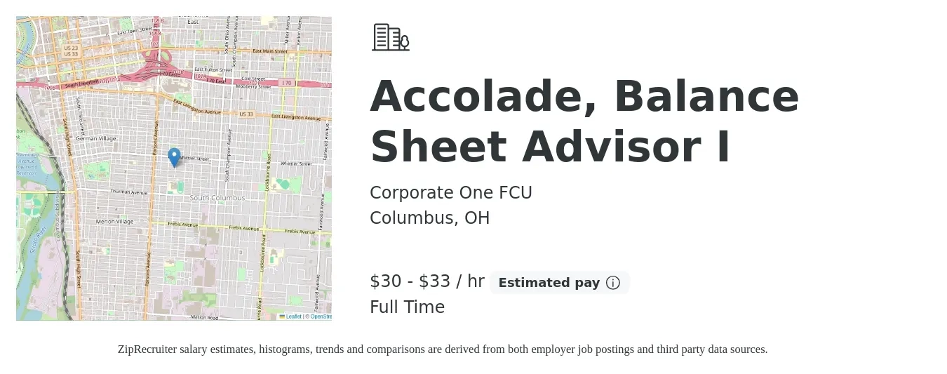 Corporate One FCU job posting for a Accolade, Balance Sheet Advisor I in Columbus, OH with a salary of $32 to $35 Hourly with a map of Columbus location.