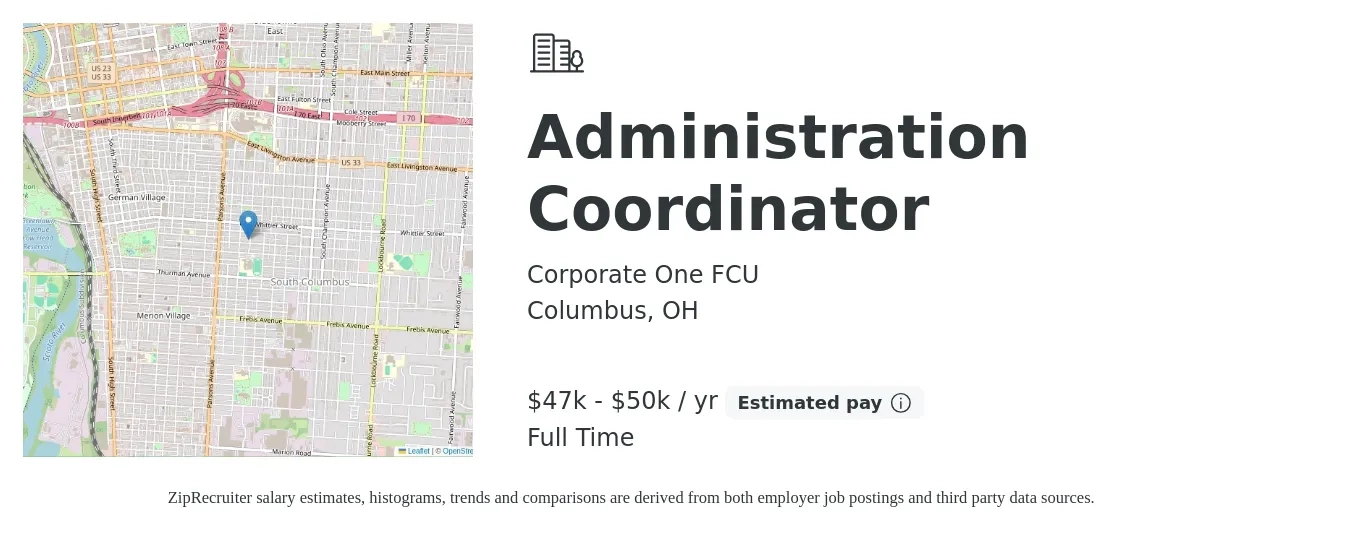 Corporate One FCU job posting for a Administration Coordinator in Columbus, OH with a salary of $47,000 to $50,000 Yearly with a map of Columbus location.