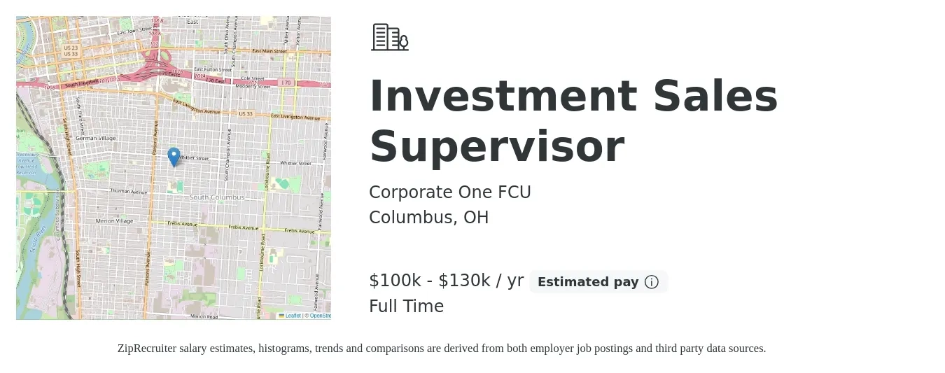 Corporate One FCU job posting for a Investment Sales Supervisor in Columbus, OH with a salary of $100,000 to $130,000 Yearly with a map of Columbus location.