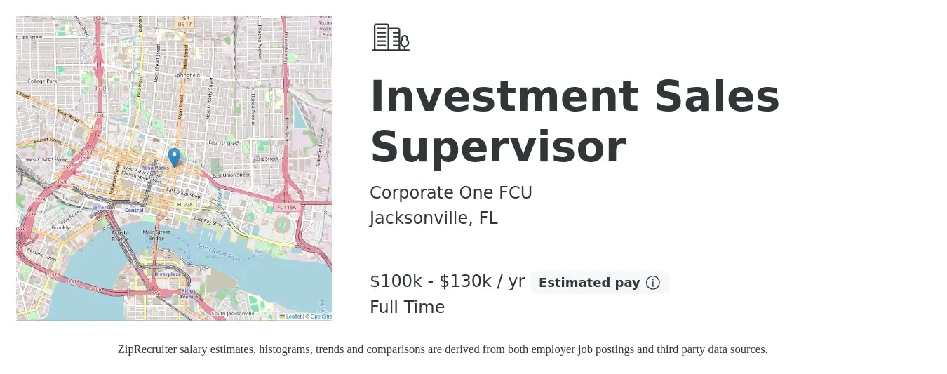 Corporate One FCU job posting for a Investment Sales Supervisor in Jacksonville, FL with a salary of $100,000 to $130,000 Yearly with a map of Jacksonville location.