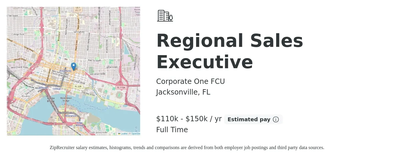 Corporate One FCU job posting for a Regional Sales Executive in Jacksonville, FL with a salary of $110,000 to $150,000 Yearly with a map of Jacksonville location.