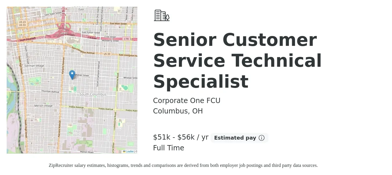 Corporate One FCU job posting for a Senior Customer Service Technical Specialist in Columbus, OH with a salary of $51,000 to $56,000 Yearly with a map of Columbus location.