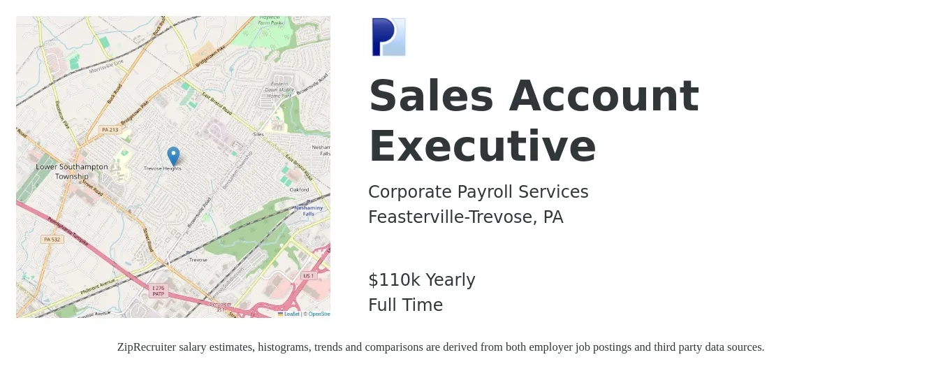 Corporate Payroll Services job posting for a Sales Account Executive in Feasterville-Trevose, PA with a salary of $110,000 Yearly with a map of Feasterville-Trevose location.