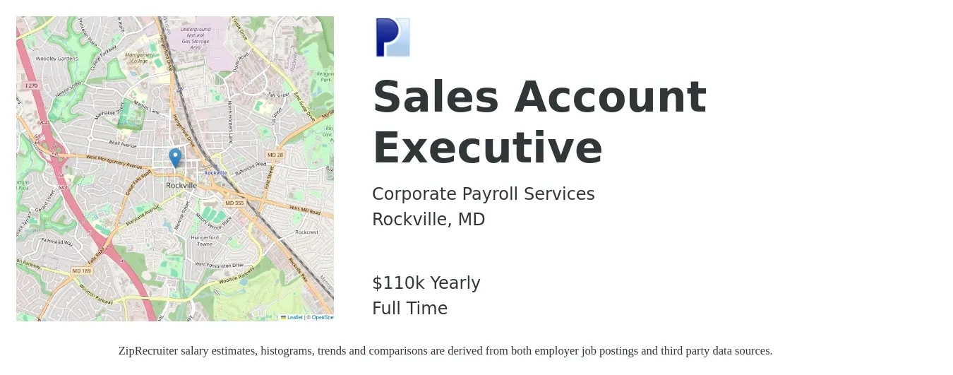 Corporate Payroll Services job posting for a Sales Account Executive in Rockville, MD with a salary of $110,000 Yearly with a map of Rockville location.