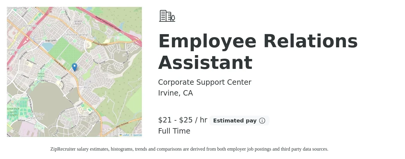 Corporate Support Center job posting for a Employee Relations Assistant in Irvine, CA with a salary of $22 to $26 Hourly with a map of Irvine location.