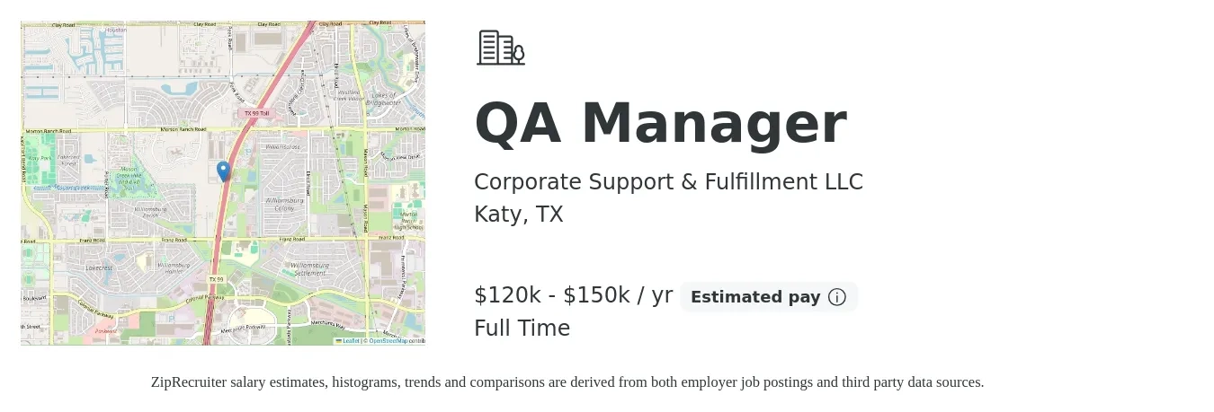 Corporate Support & Fulfillment LLC job posting for a QA Manager in Katy, TX with a salary of $120,000 to $150,000 Yearly with a map of Katy location.