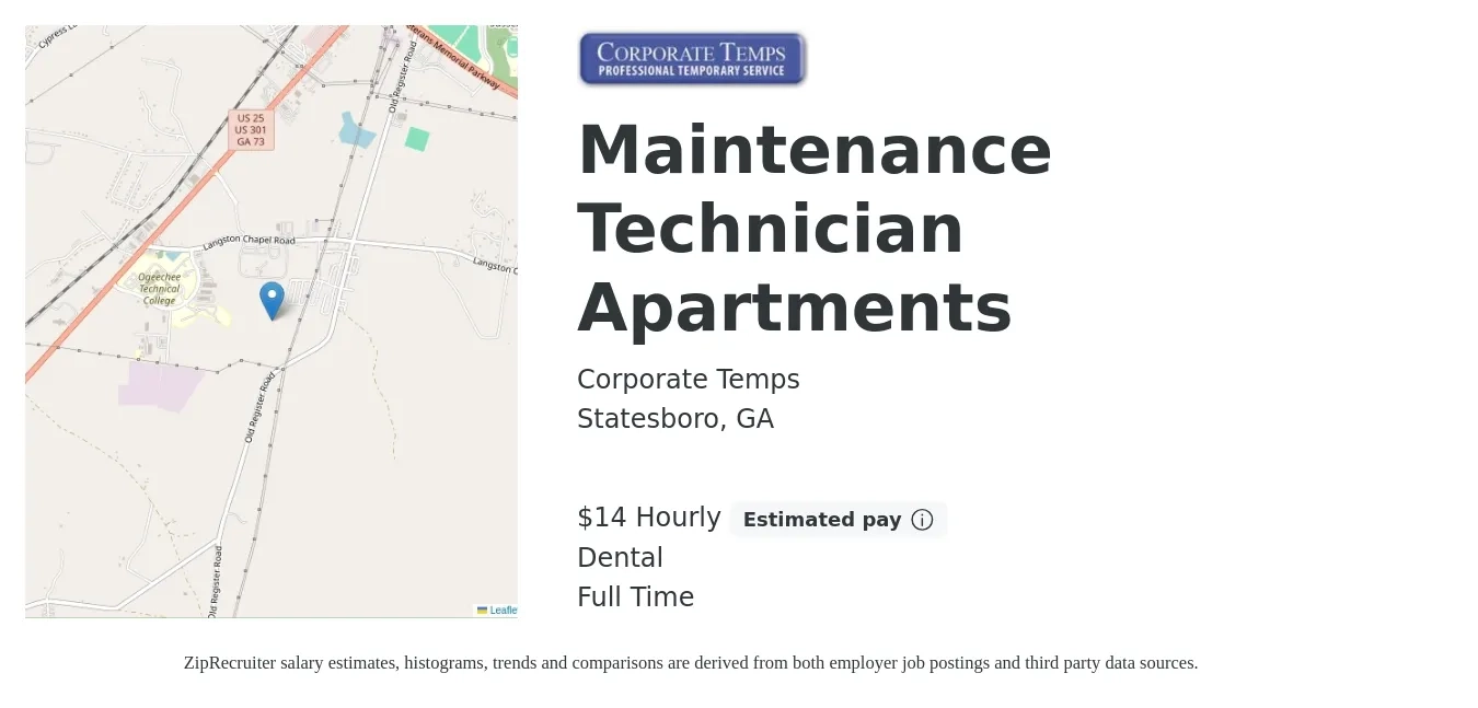 Corporate Temps job posting for a Maintenance Technician Apartments in Statesboro, GA with a salary of $15 Hourly and benefits including dental with a map of Statesboro location.