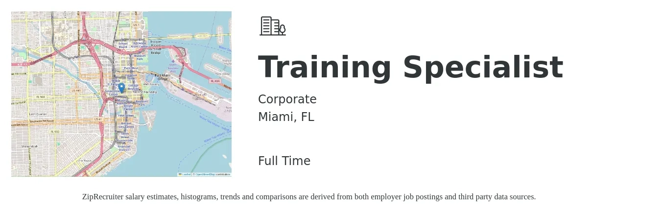 Corporate job posting for a Training Specialist in Miami, FL with a salary of $54,500 to $79,400 Yearly with a map of Miami location.