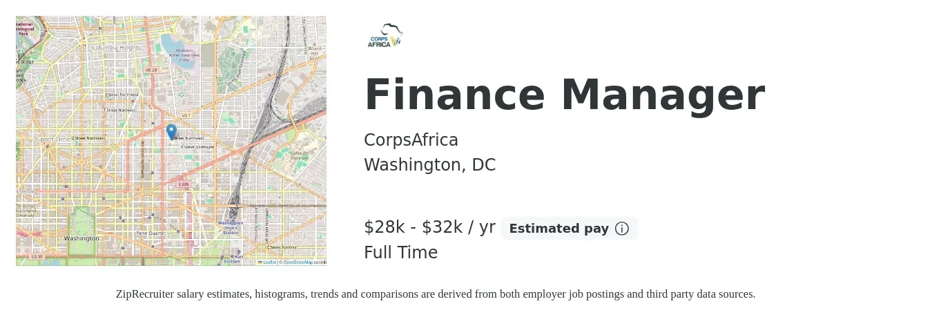 CorpsAfrica job posting for a Finance Manager in Washington, DC with a salary of $28,000 to $32,000 Yearly with a map of Washington location.