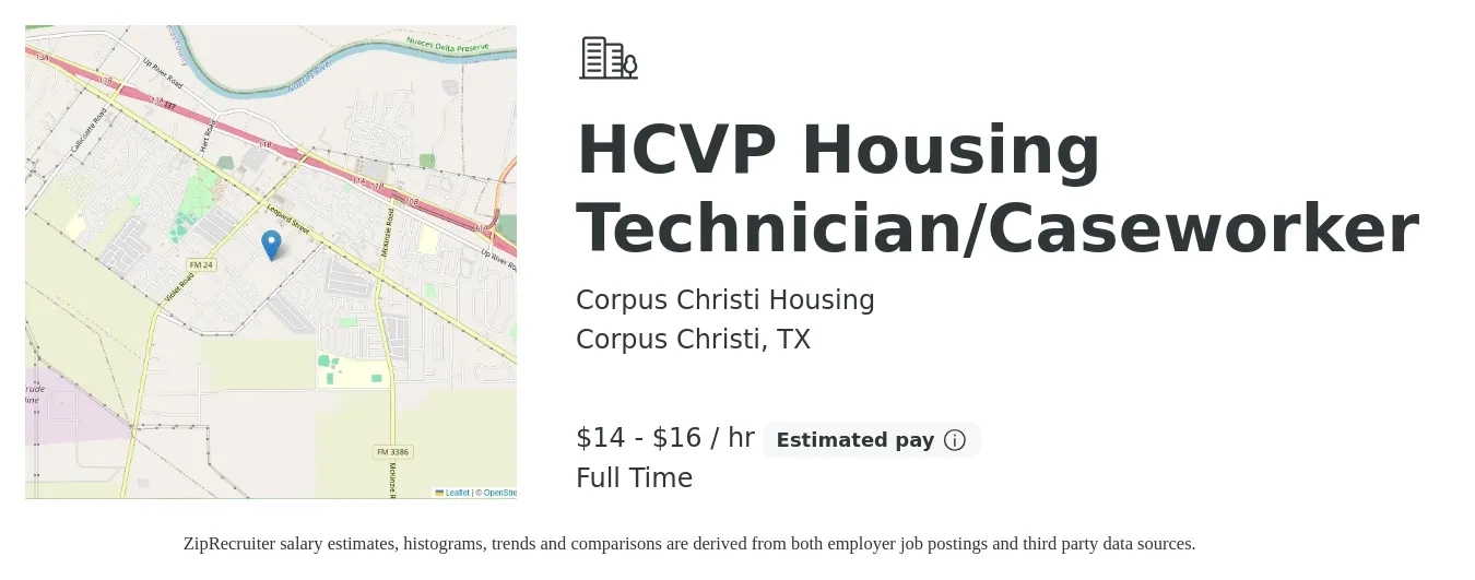 Corpus Christi Housing job posting for a HCVP Housing Technician/Caseworker in Corpus Christi, TX with a salary of $15 to $18 Hourly with a map of Corpus Christi location.