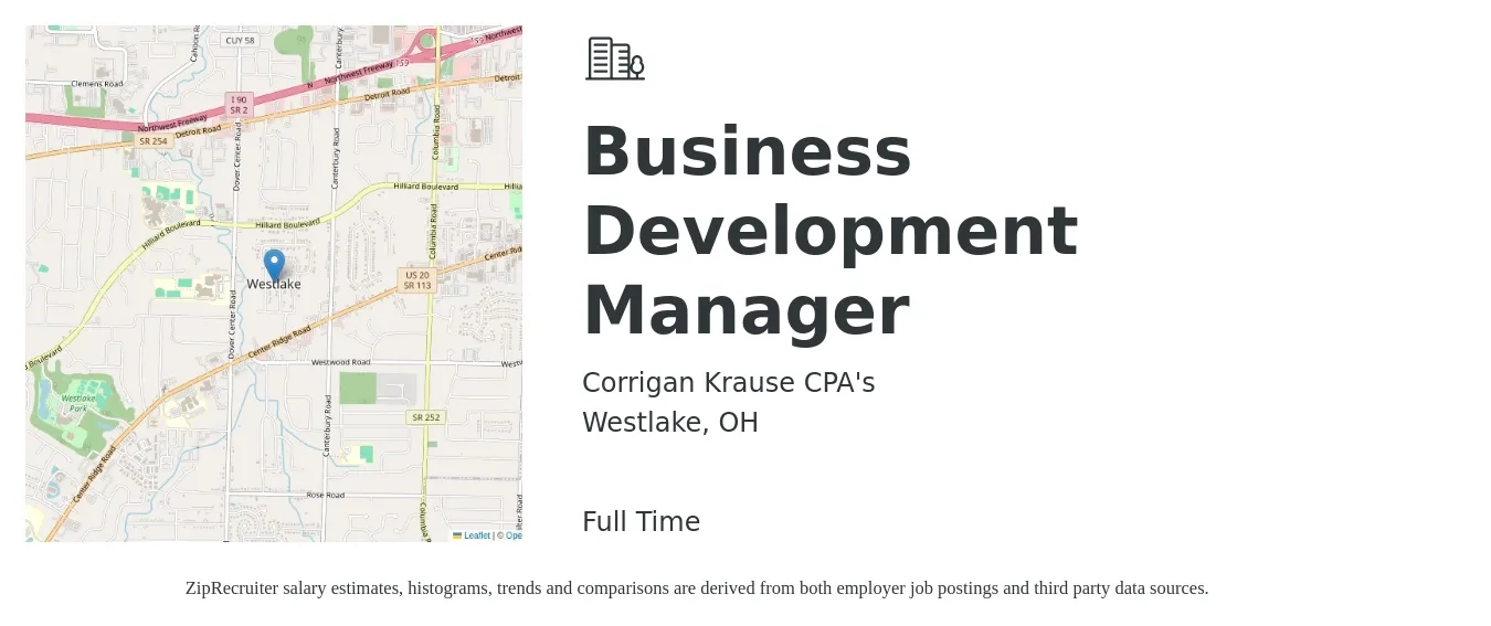 Corrigan Krause CPA's job posting for a Business Development Manager in Westlake, OH with a salary of $56,500 to $92,600 Yearly with a map of Westlake location.