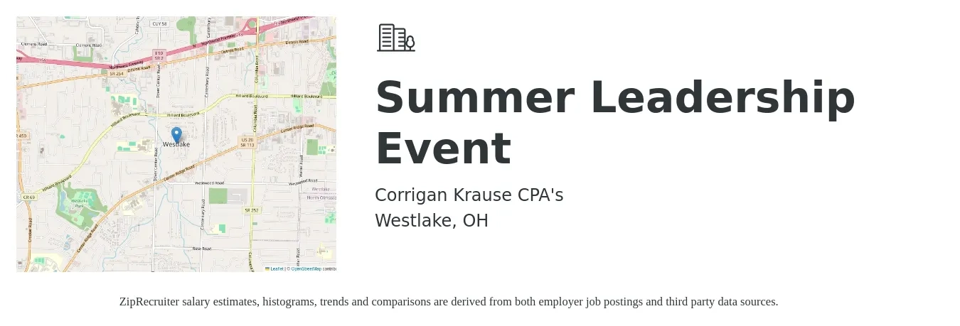 Corrigan Krause CPA's job posting for a Summer Leadership Event in Westlake, OH with a salary of $17 to $23 Hourly with a map of Westlake location.
