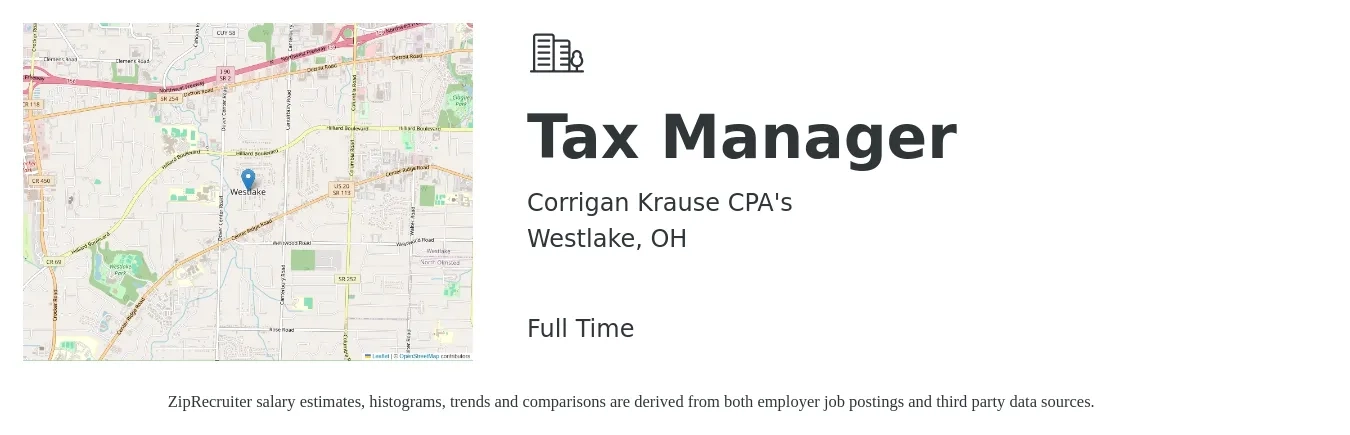 Corrigan Krause CPA's job posting for a Tax Manager in Westlake, OH with a salary of $102,800 to $134,700 Yearly with a map of Westlake location.