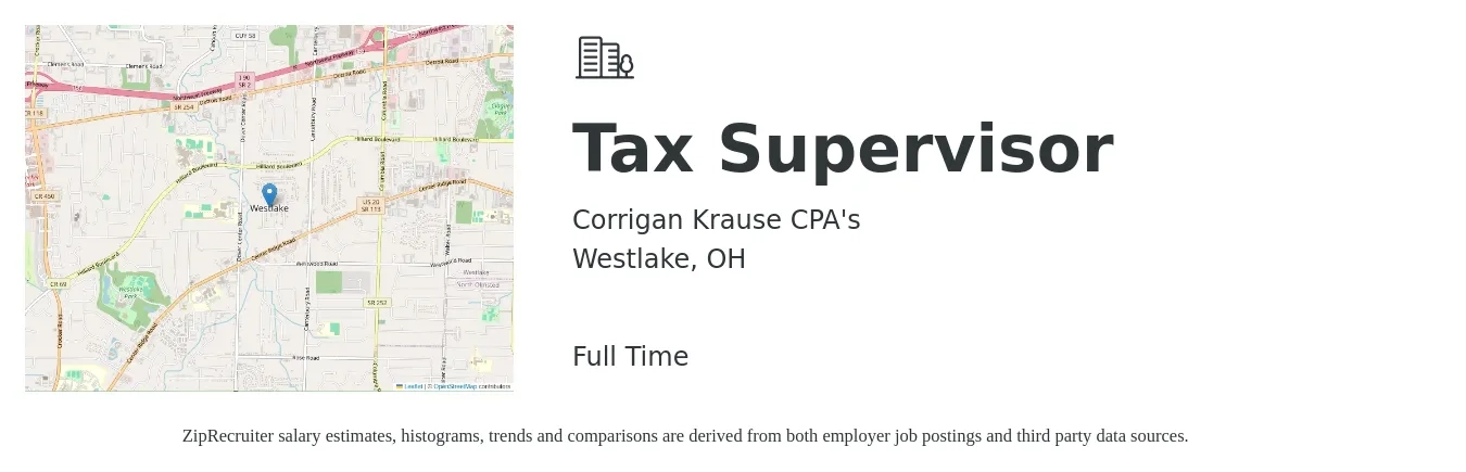 Corrigan Krause CPA's job posting for a Tax Supervisor in Westlake, OH with a salary of $102,800 to $134,700 Yearly with a map of Westlake location.