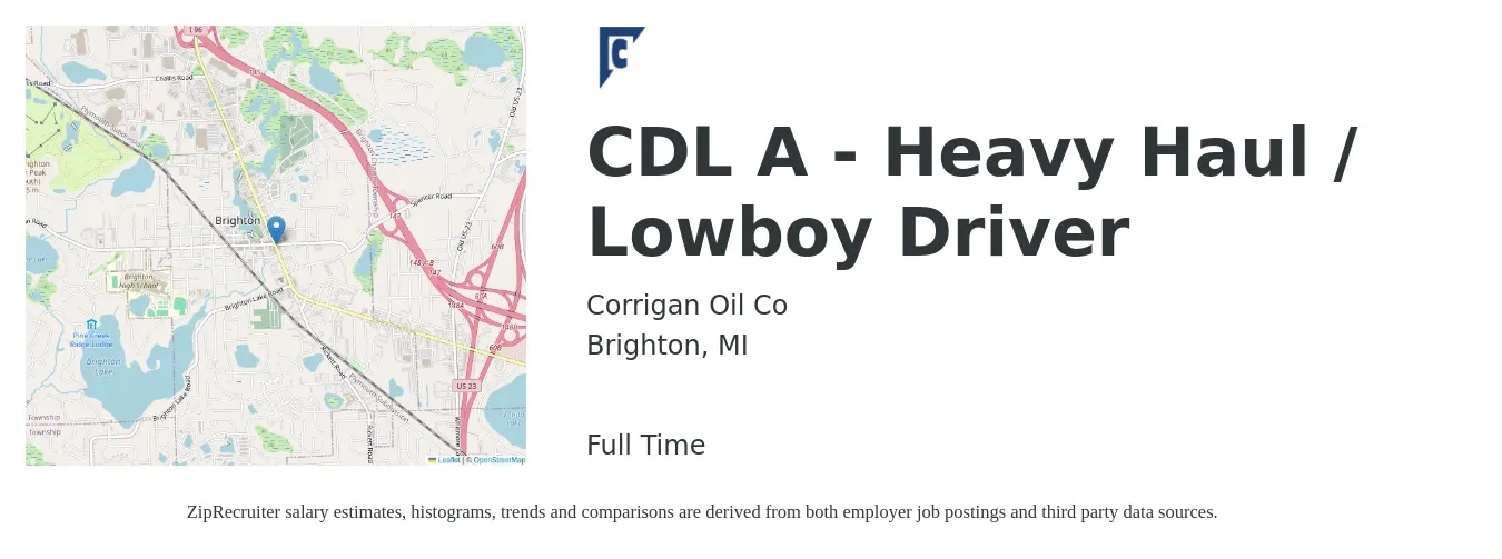 Corrigan Oil Co job posting for a CDL A - Heavy Haul / Lowboy Driver in Brighton, MI with a salary of $24 to $41 Hourly with a map of Brighton location.