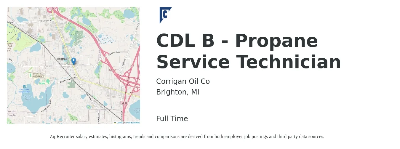 Corrigan Oil Co job posting for a CDL B - Propane Service Technician in Brighton, MI with a salary of $22 to $26 Hourly with a map of Brighton location.
