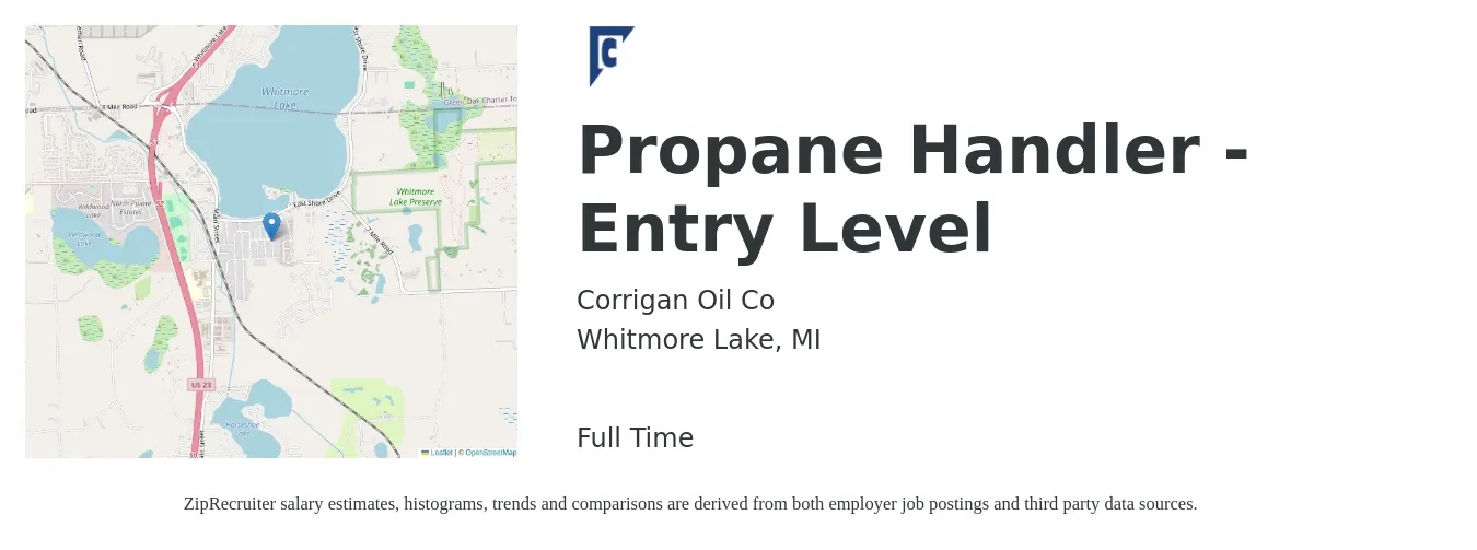 Corrigan Oil Co job posting for a Propane Handler - Entry Level in Whitmore Lake, MI with a salary of $16 to $19 Hourly with a map of Whitmore Lake location.