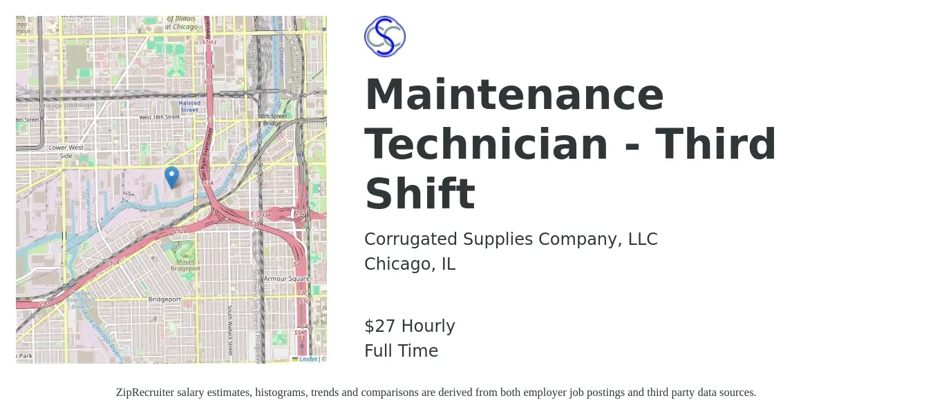 Corrugated Supplies Company, LLC job posting for a Maintenance Technician - Third Shift in Chicago, IL with a salary of $29 Hourly with a map of Chicago location.