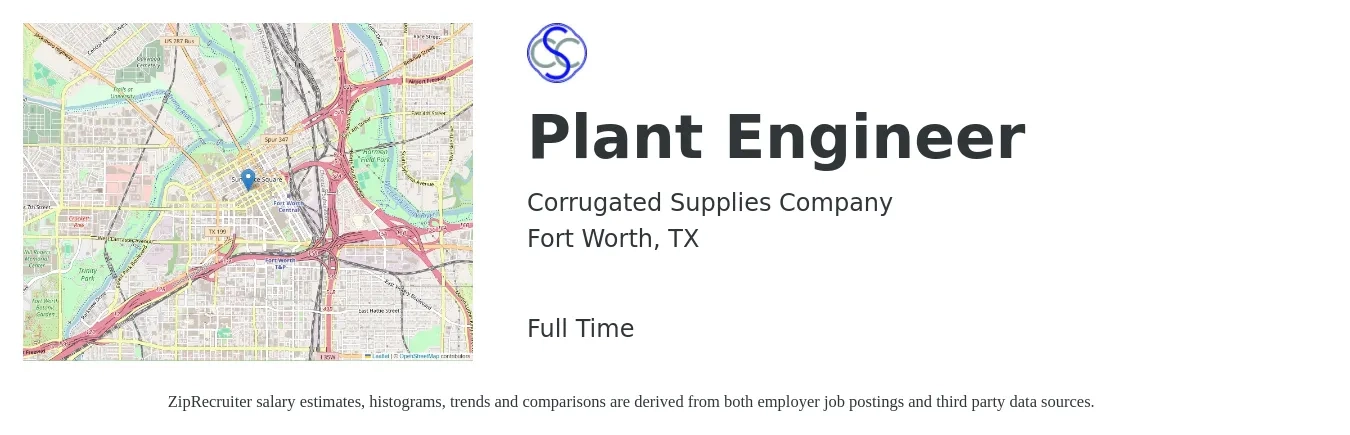 Corrugated Supplies job posting for a Plant Engineer in Fort Worth, TX with a salary of $75,200 to $115,000 Yearly with a map of Fort Worth location.
