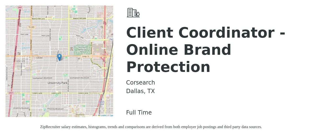 Corsearch job posting for a Client Coordinator - Online Brand Protection in Dallas, TX with a salary of $18 to $23 Hourly with a map of Dallas location.