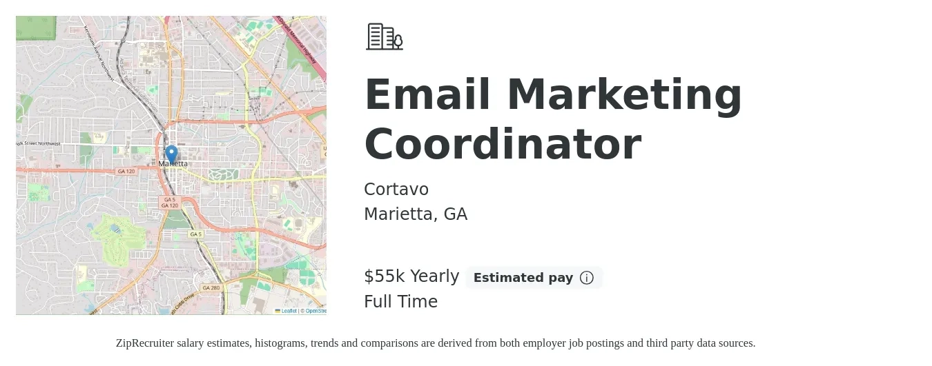 Cortavo job posting for a Email Marketing Coordinator in Marietta, GA with a salary of $55,000 Yearly with a map of Marietta location.
