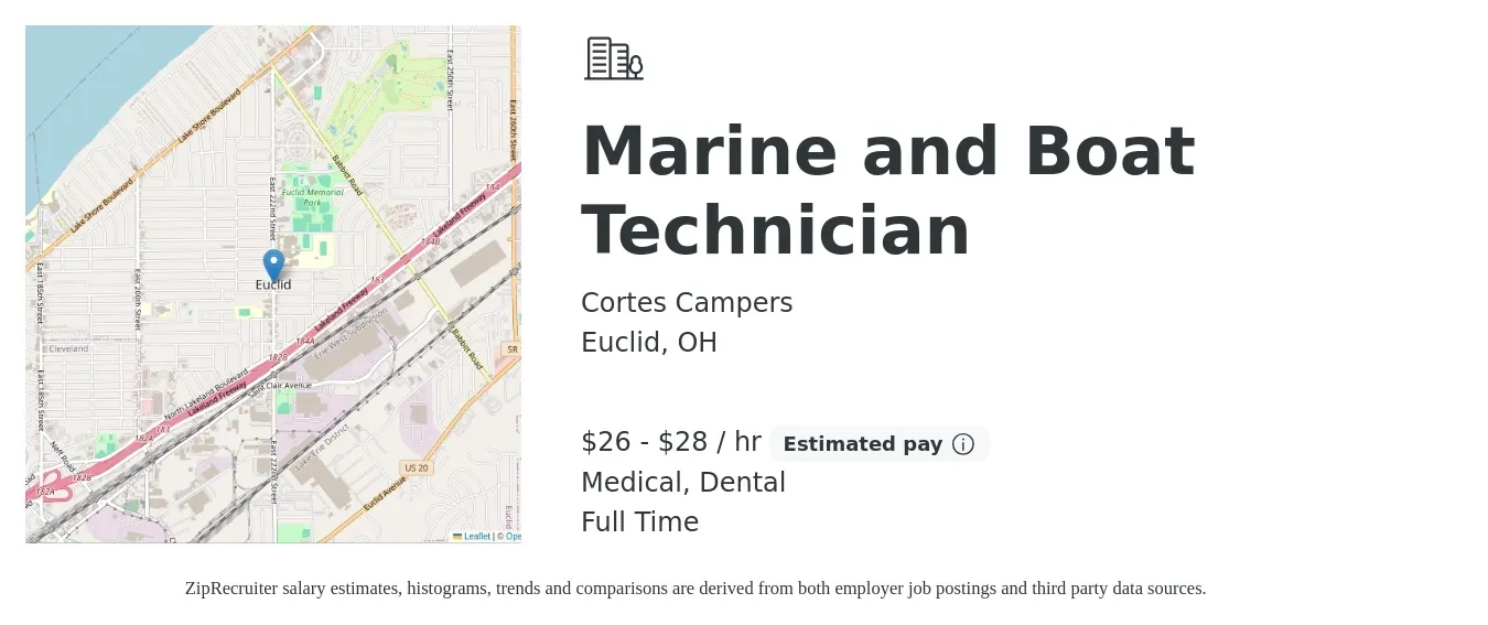 Cortes Campers job posting for a Marine and Boat Technician in Euclid, OH with a salary of $28 to $30 Hourly and benefits including medical, pto, retirement, and dental with a map of Euclid location.