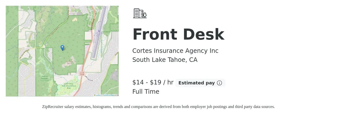 Cortes Insurance Agency Inc job posting for a Front Desk in South Lake Tahoe, CA with a salary of $15 to $20 Hourly with a map of South Lake Tahoe location.