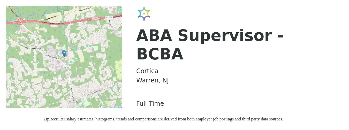 Cortica job posting for a ABA Supervisor - BCBA in Warren, NJ with a salary of $76,800 to $94,000 Yearly with a map of Warren location.