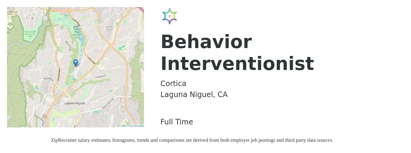 Cortica job posting for a Behavior Interventionist in Laguna Niguel, CA with a salary of $20 to $27 Hourly with a map of Laguna Niguel location.