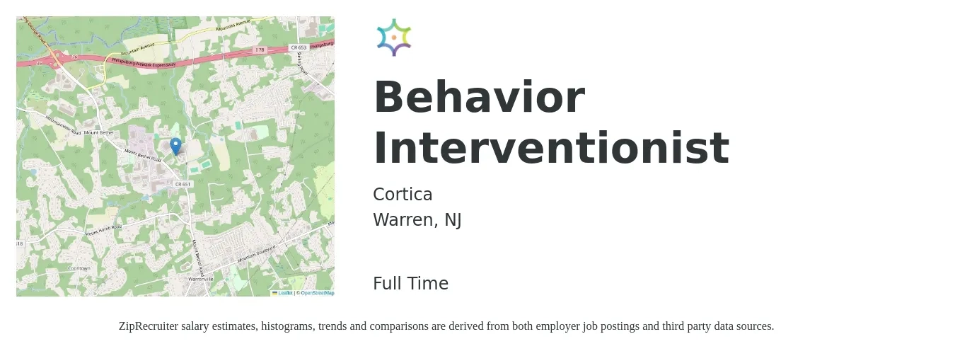 Cortica job posting for a Behavior Interventionist in Warren, NJ with a salary of $20 to $28 Hourly with a map of Warren location.