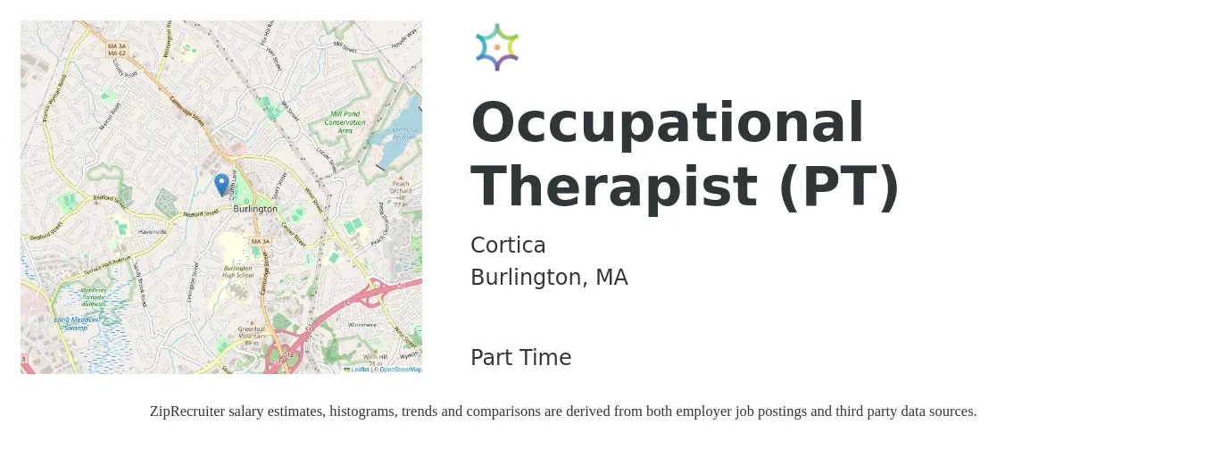 Cortica job posting for a Occupational Therapist (PT) in Burlington, MA with a salary of $41 to $50 Hourly with a map of Burlington location.