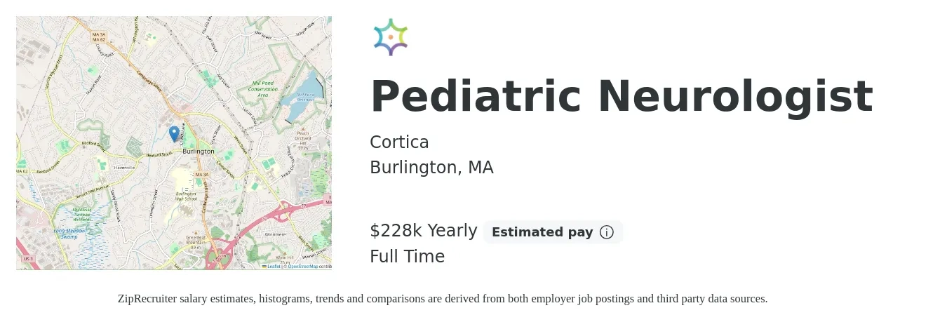Cortica job posting for a Pediatric Neurologist in Burlington, MA with a salary of $228,000 Yearly with a map of Burlington location.