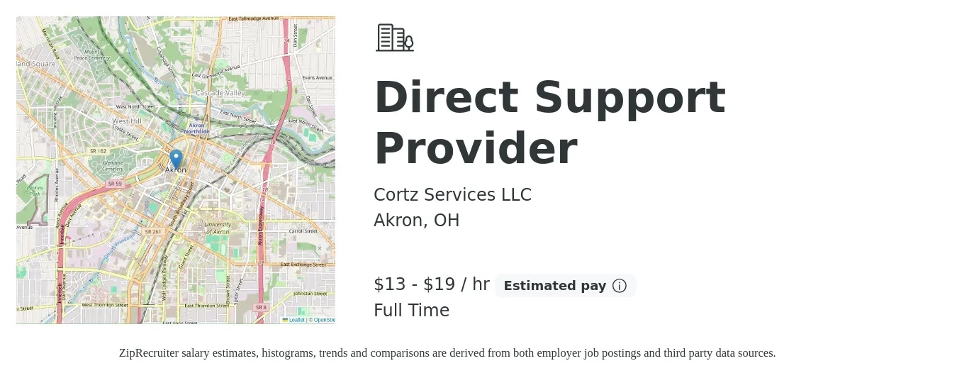Cortz Services LLC job posting for a Direct Support Provider in Akron, OH with a salary of $14 to $20 Hourly with a map of Akron location.