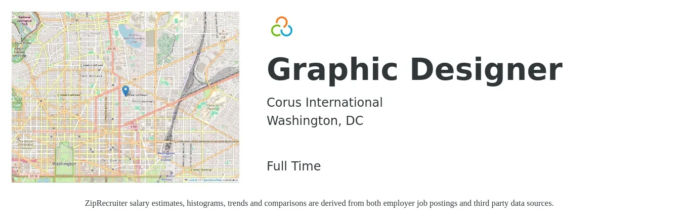 Corus International job posting for a Graphic Designer in Washington, DC with a salary of $24 to $37 Hourly with a map of Washington location.