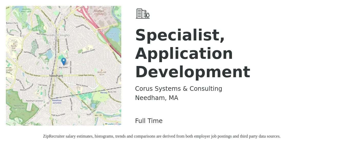 Corus Systems & Consulting job posting for a Specialist, Application Development in Needham, MA with a salary of $126,400 to $126,900 Yearly with a map of Needham location.