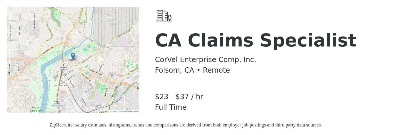CorVel Enterprise Comp, Inc. job posting for a CA Claims Specialist in Folsom, CA with a salary of $24 to $39 Hourly with a map of Folsom location.