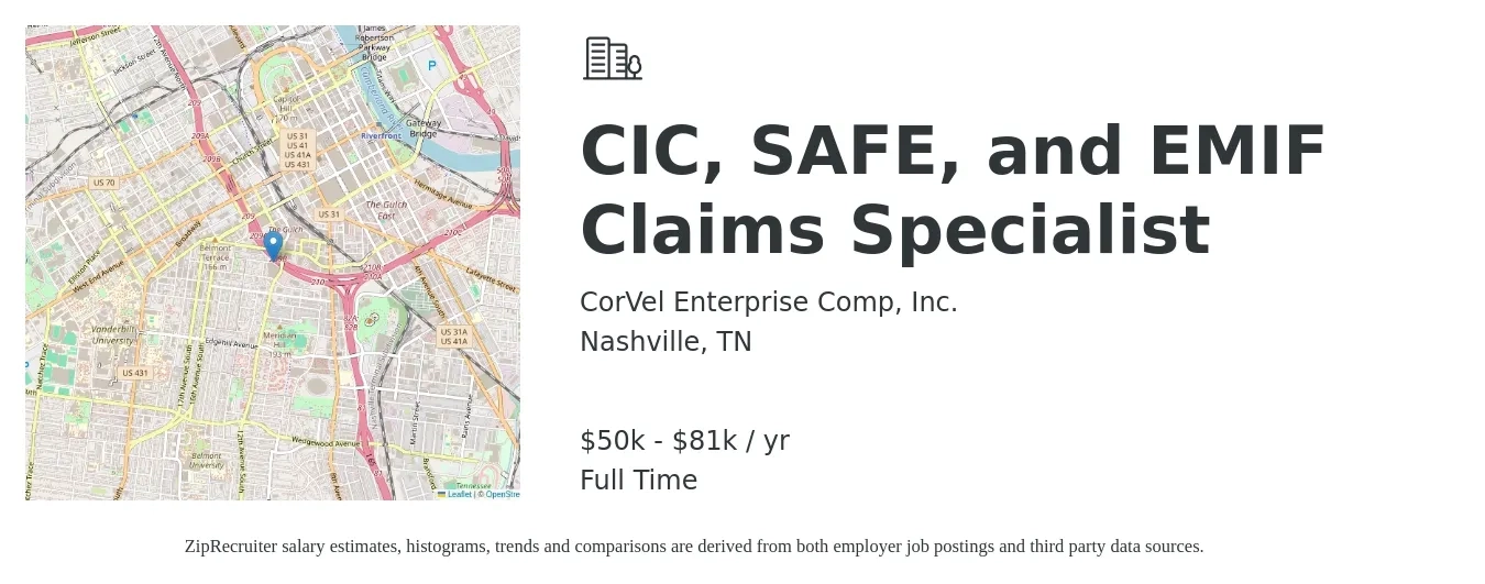 CorVel Enterprise Comp, Inc. job posting for a CIC, SAFE, and EMIF Claims Specialist in Nashville, TN with a salary of $50,593 to $81,593 Yearly with a map of Nashville location.