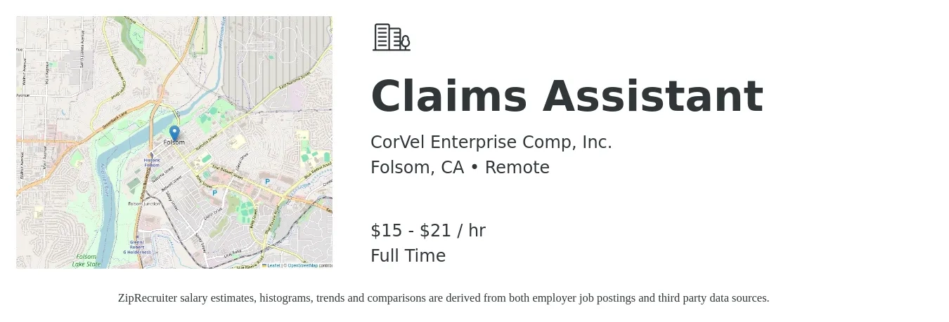 CorVel Enterprise Comp, Inc. job posting for a Claims Assistant in Folsom, CA with a salary of $16 to $22 Hourly with a map of Folsom location.