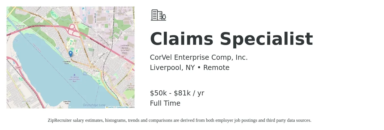 CorVel Enterprise Comp, Inc. job posting for a Claims Specialist in Liverpool, NY with a salary of $50,593 to $81,593 Yearly with a map of Liverpool location.