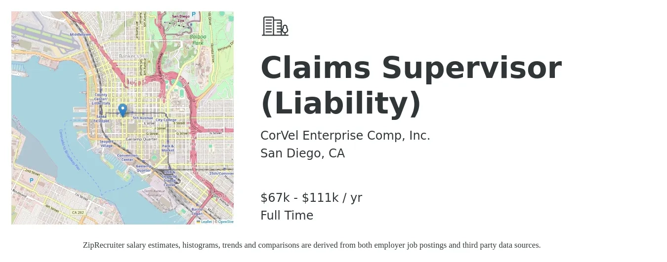 CorVel Enterprise Comp, Inc. job posting for a Claims Supervisor (Liability) in San Diego, CA with a salary of $67,086 to $111,634 Yearly with a map of San Diego location.