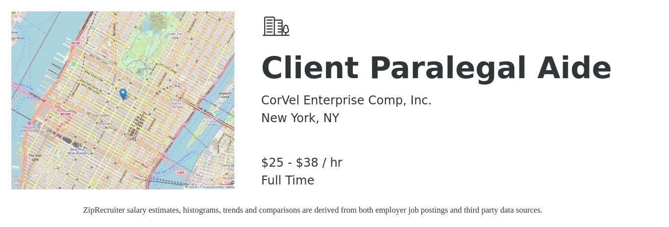 CorVel Enterprise Comp, Inc. job posting for a Client Paralegal Aide in New York, NY with a salary of $27 to $40 Hourly with a map of New York location.