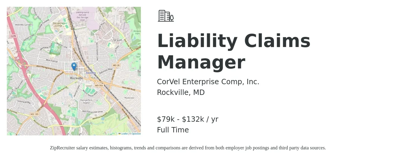 CorVel Enterprise Comp, Inc. job posting for a Liability Claims Manager in Rockville, MD with a salary of $79,704 to $132,692 Yearly with a map of Rockville location.