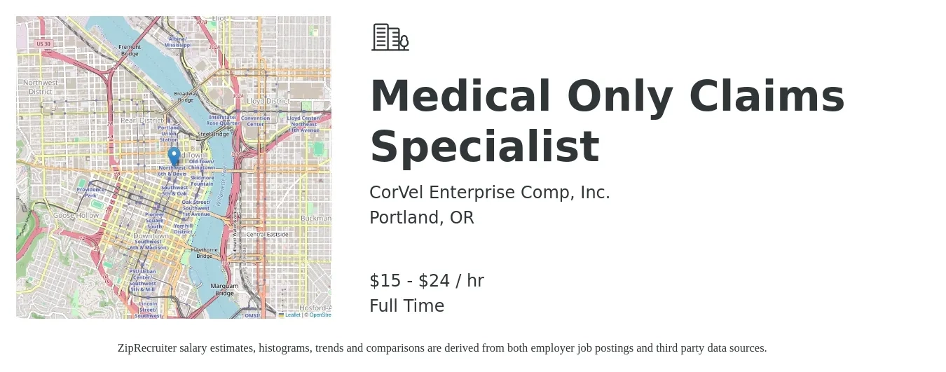 CorVel Enterprise Comp, Inc. job posting for a Medical Only Claims Specialist in Portland, OR with a salary of $16 to $26 Hourly with a map of Portland location.