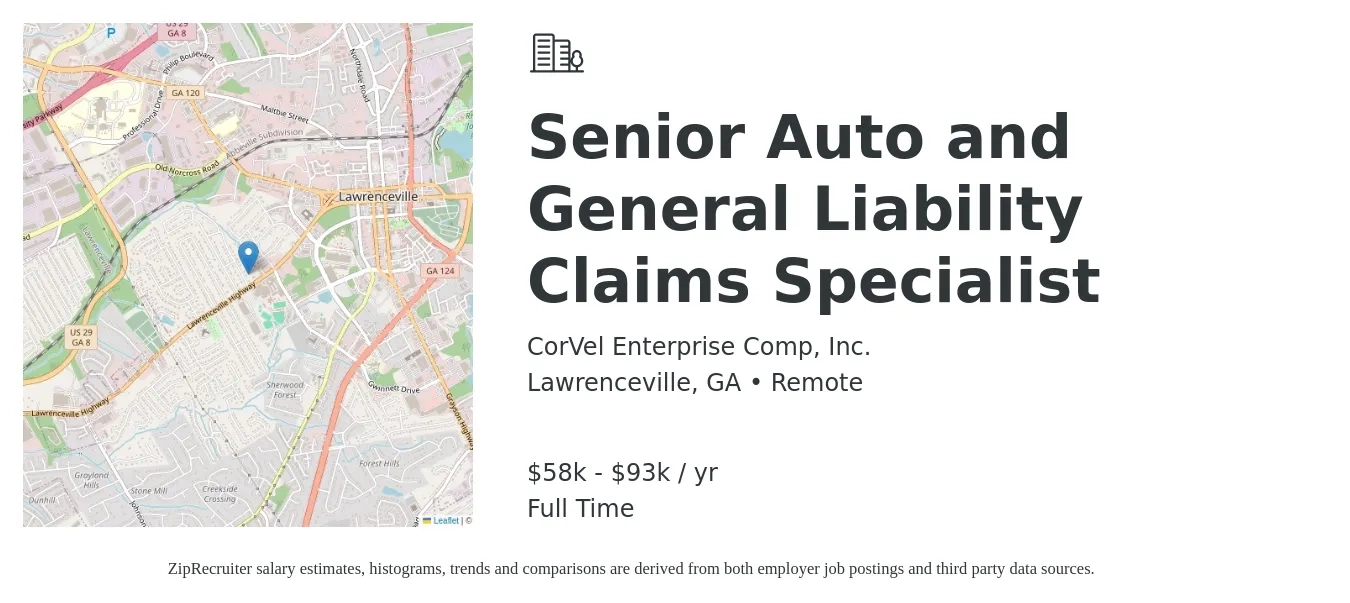 CorVel Enterprise Comp, Inc. job posting for a Senior Auto and General Liability Claims Specialist in Lawrenceville, GA with a salary of $58,282 to $93,870 Yearly with a map of Lawrenceville location.