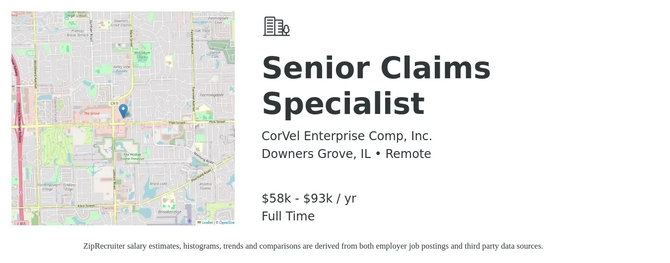 CorVel Enterprise Comp, Inc. job posting for a Senior Claims Specialist in Downers Grove, IL with a salary of $58,282 to $93,870 Yearly with a map of Downers Grove location.