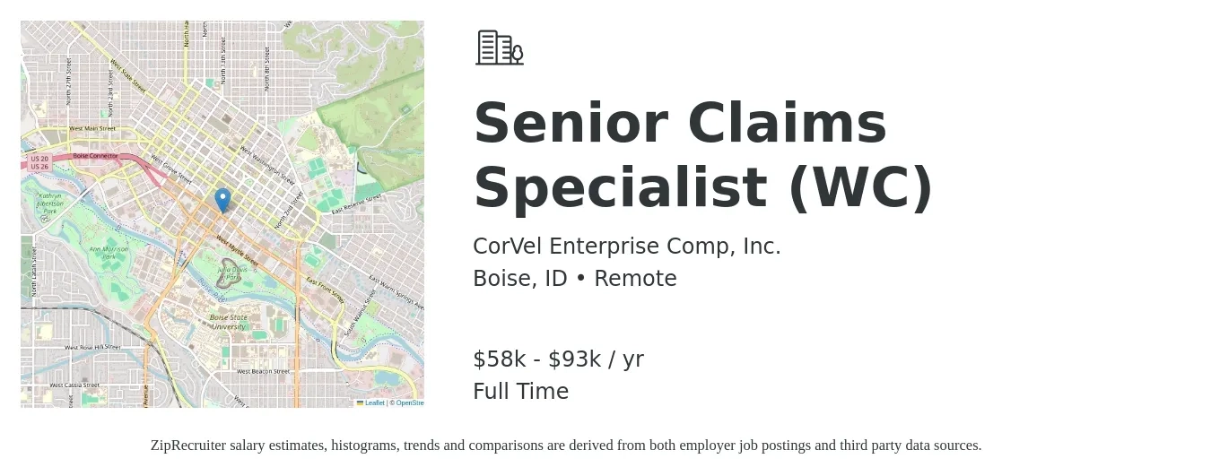 CorVel Enterprise Comp, Inc. job posting for a Senior Claims Specialist (WC) in Boise, ID with a salary of $58,282 to $93,870 Yearly with a map of Boise location.