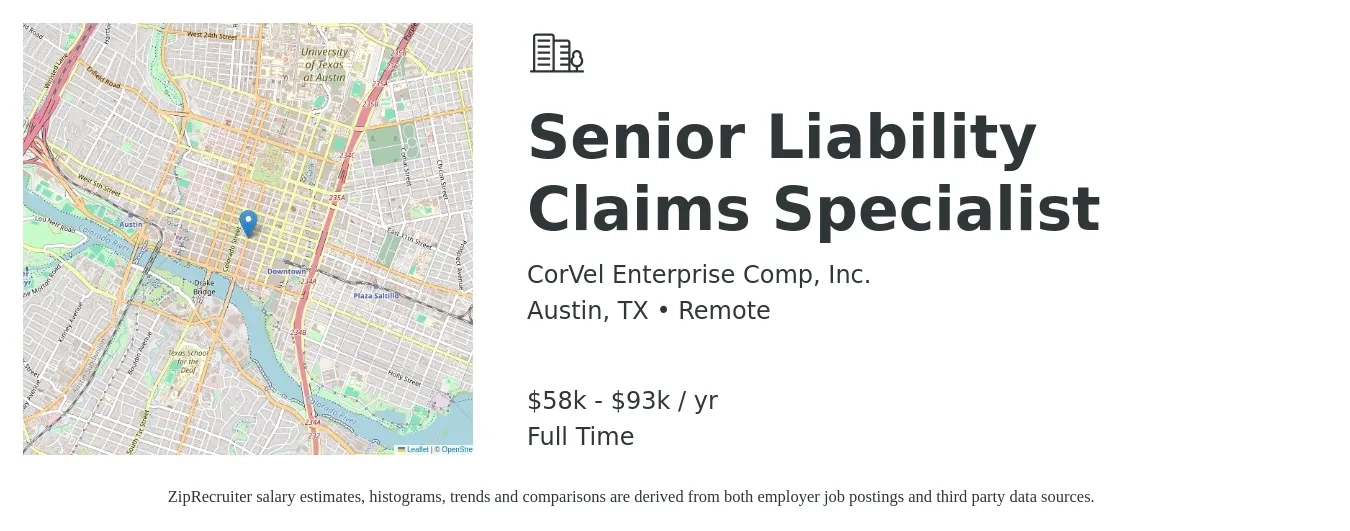CorVel Enterprise Comp, Inc. job posting for a Senior Liability Claims Specialist in Austin, TX with a salary of $58,282 to $93,870 Yearly with a map of Austin location.